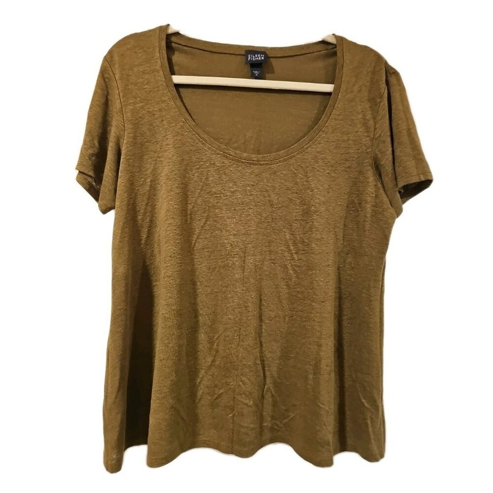 Eileen Fisher 100% Linen Olive Green Scoop Neck Tee Medium